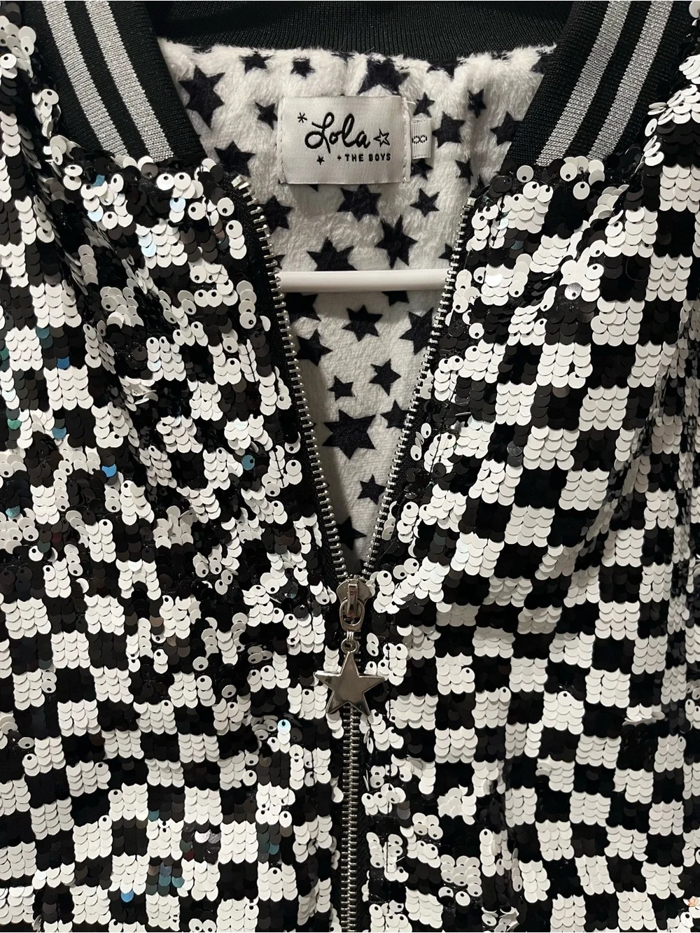Lola + The Boys Black & White Sequin Checkerboard Bomber